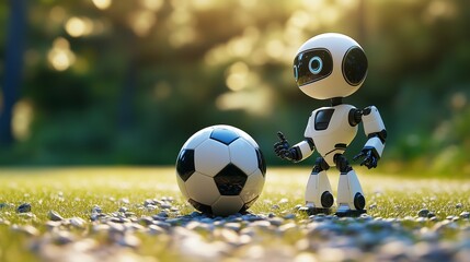 A young athleteâ€™s soccer ball excited to meet a robot, minimal blurred backdrop.