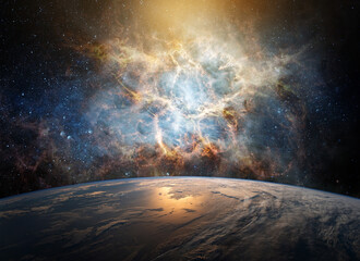  View of the Earth, star and galaxy. Sunrise over planet Earth, view from space. Elements of this...