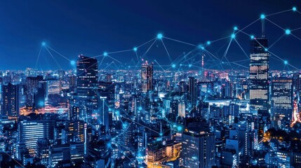 Naklejka premium Nighttime cityscape with glowing skyscrapers and digital connections