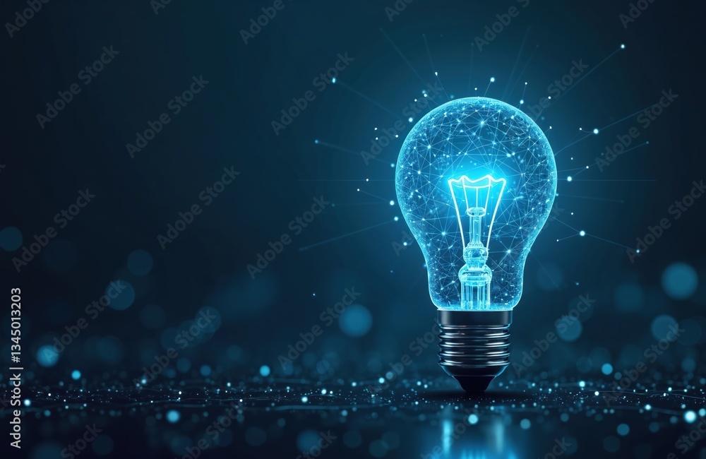 Poster digital wireframe lightbulb on blue. tech innovation, ai, glowing mesh. abstract conceptual art for 