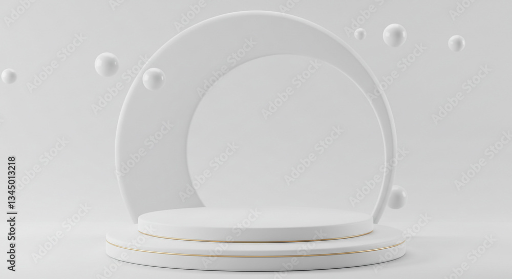 Poster elegant white display platform with floating spheres, a minimalist design perfect for showcasing pro