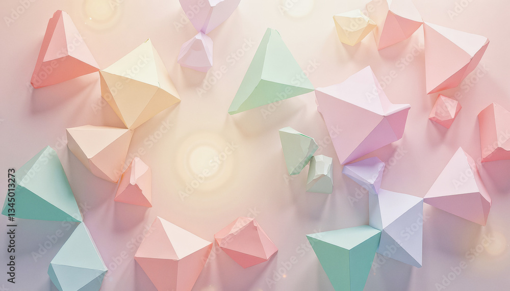 Poster delicate paper triangles in pastel hues float against a softly lit, blurred background, creating a w