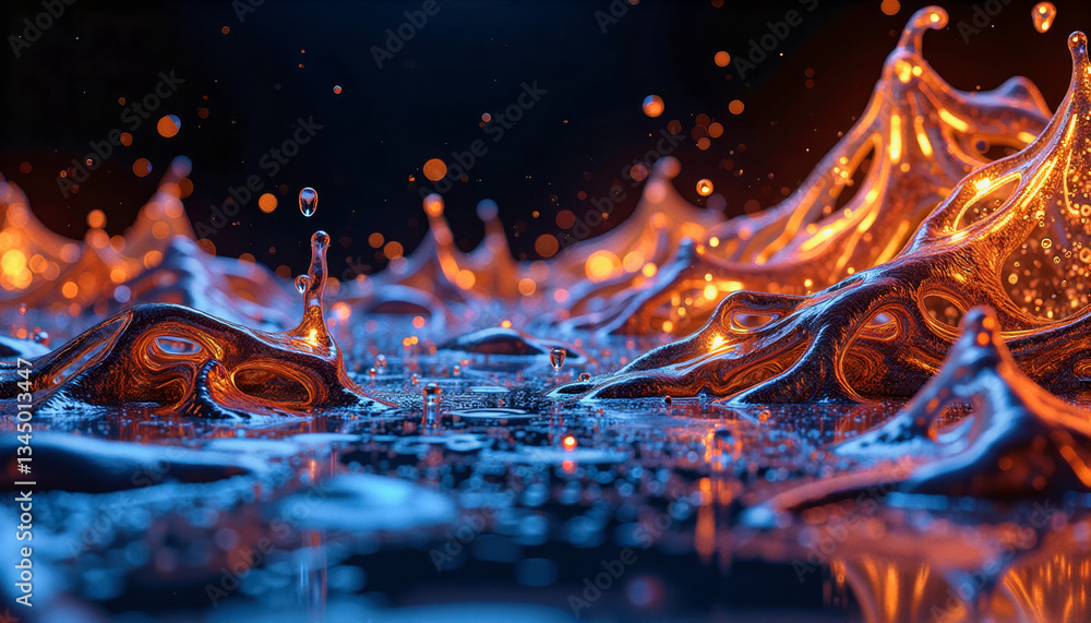 Poster molten liquid bursts and flows with fiery orange highlights against a deep blue background, creating