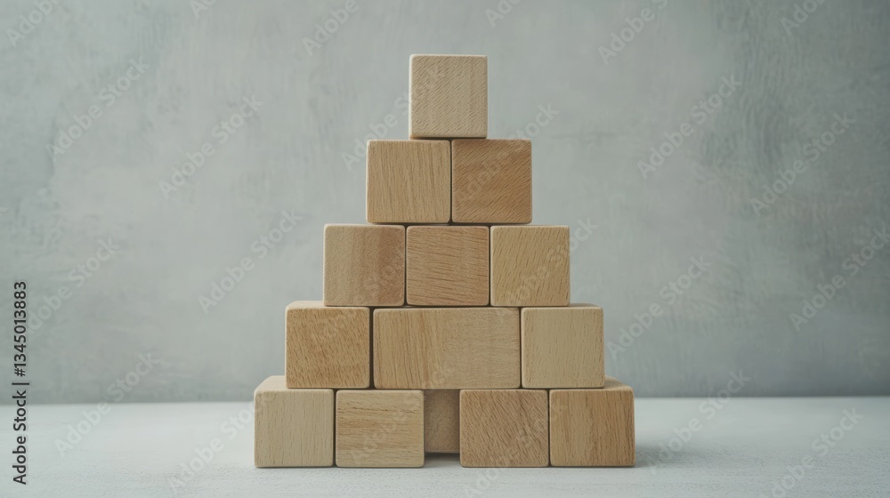 Poster wooden building blocks arranged in a pyramid on a textured background