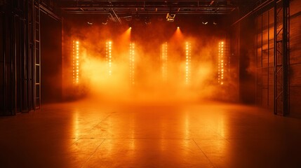 Empty stage with orange spotlights, industrial background. Potential use  Stock photo for theatrical productions