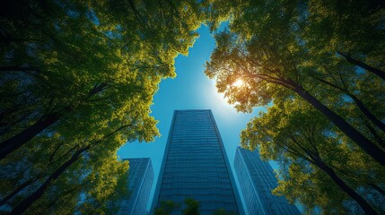 Low angle view of skyscrapers framed by lush green trees under a bright sun.