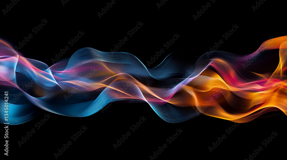 Poster colorful abstract wave patterns with smooth gradients flowing across a black background, ideal for b