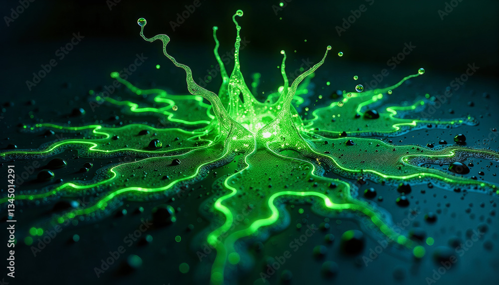 Poster luminous green energy bursts and flows outwards from a central point, creating an intricate, organic