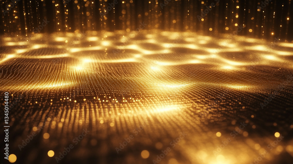 Poster golden shimmering waves of light reflecting on a textured surface, creating a mesmerizing backdrop