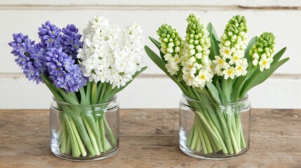   A pair of vases brimming with blossoms rests atop a wooden dresser, framed by a pristine white backdrop