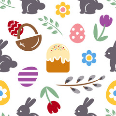 Easter seamless pattern with easter cake, rabbits, eggs, basket, flowers, pussy willow twigs on a white background. Cute background with easter bunnies for textile prints, wrapping paper, wallpaper