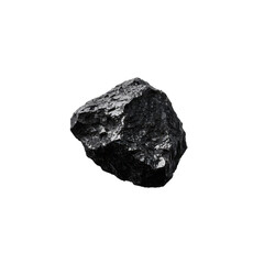 A solitary dark charcoal rock against a stark white background, a study in texture and shadow.