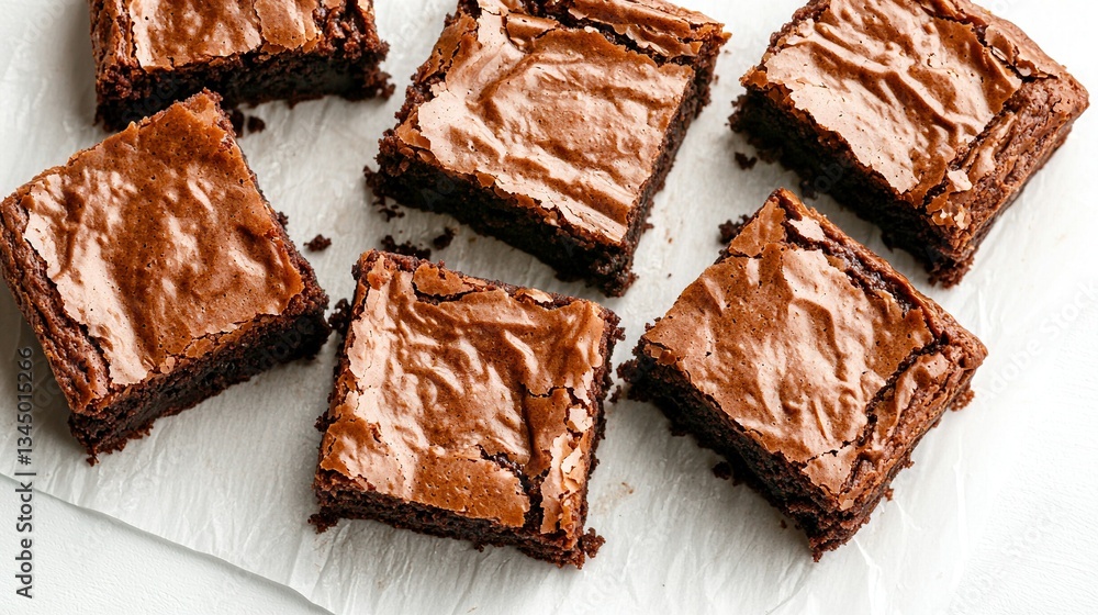 Poster a collection of brownies resting on a sheet of paper with frosting applied to every one of them