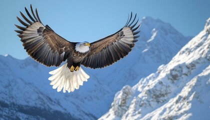 An artistic view of a powerful eagle soaring high above snowy mountain peaks under unique lighting.
