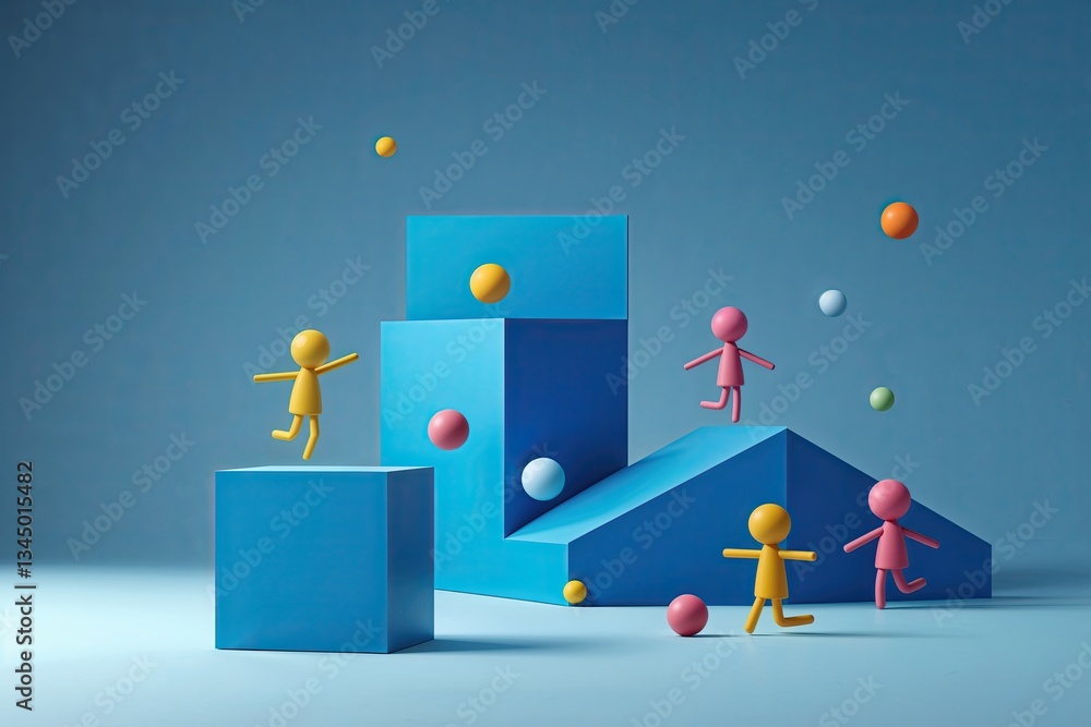 Poster vibrant abstract background featuring azure cube and playful figures in minimalist design