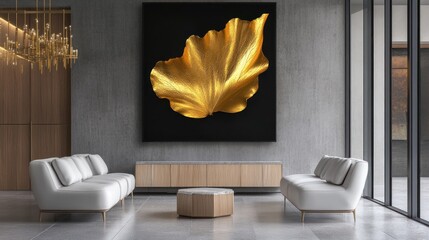 Modern gold leaf artwork in contemporary living room