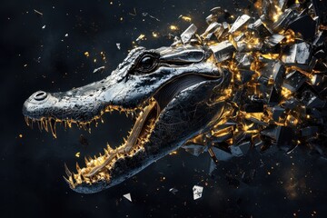 A detailed metallic crocodile head with shattering effect and golden accents