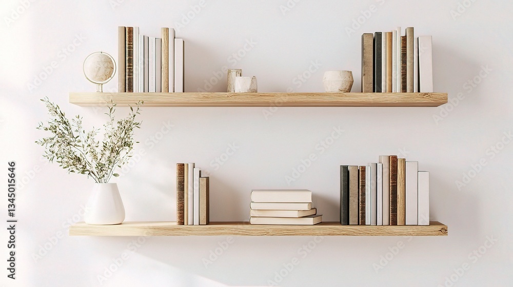 Poster minimalist floating shelves displaying books and decorative objects