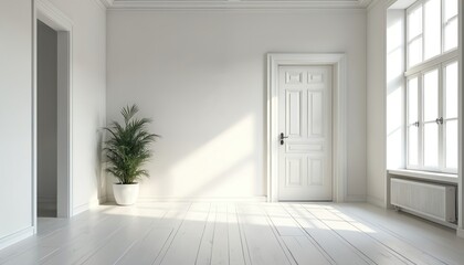 Obraz premium Bright spacious minimal white room interior with potted plant. Sunlight from window. Modern home design, versatile background for projects. Doorway to another room provides depth.