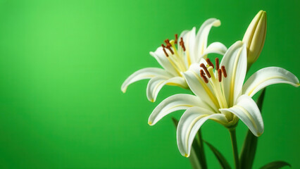 White lilies on a green background. Postcard for the spring holiday. Free space for text.