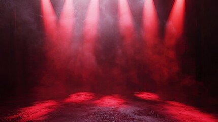 Red spotlights on smoky stage background. Possible use product showcase, event backdrop