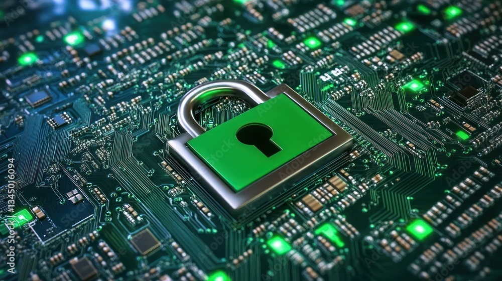 Poster digital security concept with a green padlock on a circuit board
