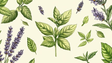 An artistic botanical illustration depicting herbs and lavender plants