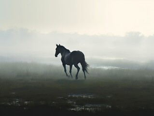 Misty Morning Horse Run in Field