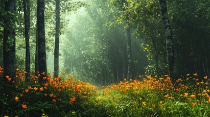 Obraz premium Serene Forest Pathway with Vibrant Orange Flowers Under Soft Morning Light in Lush Green Surroundings