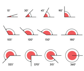 Angles set with different degrees Set of angles icons. Math and geometry symbols. Education material illustration