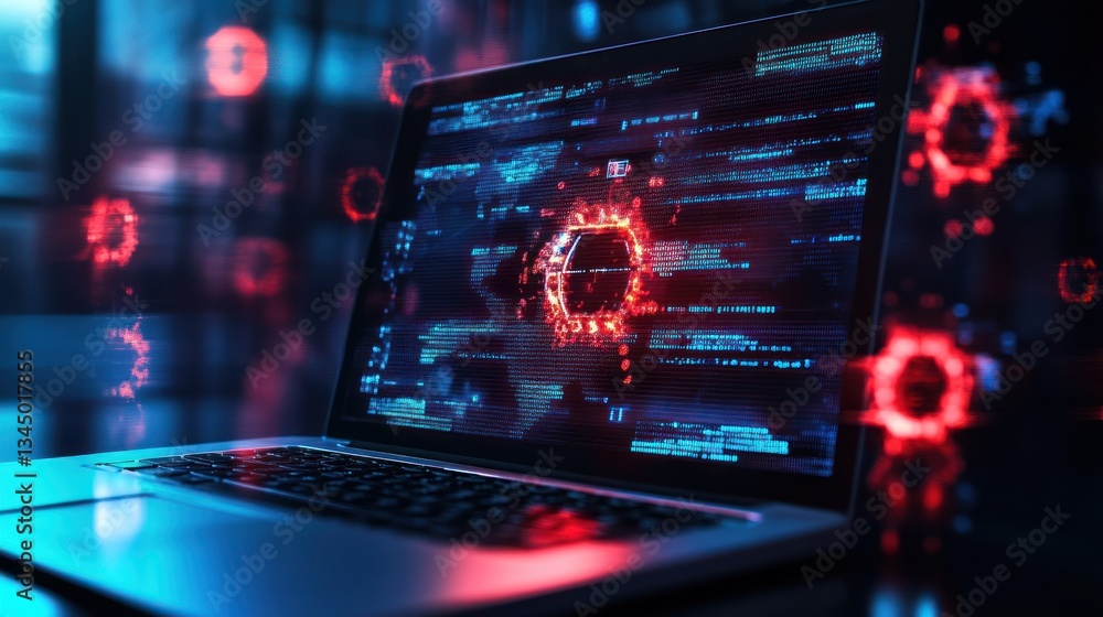 Poster laptop displaying digital virus threat with glowing red elements in background