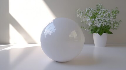 White sphere on a white surface, natural light, and flowers