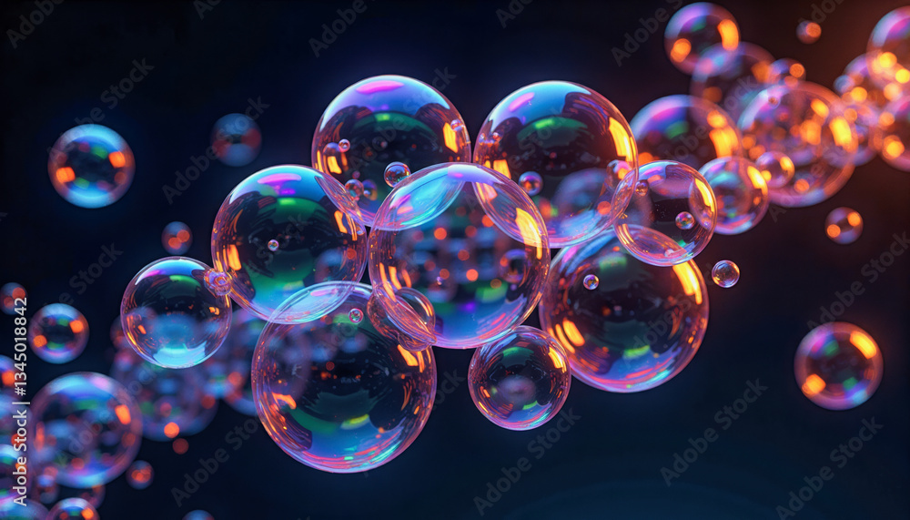Poster iridescent bubbles float in a dark space, reflecting vibrant colors and creating a mesmerizing, ethe