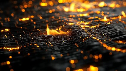 Close-up view of glowing molten lava texture with shimmering embers on black volcanic surface - Powered by Adobe