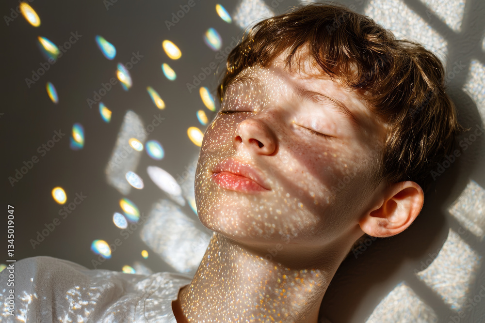 Poster serene young person with closed eyes, illuminated by colorful light patterns on their face, creating