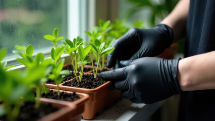 Female hands, close-up planting seedlings in pots on the windowsill.