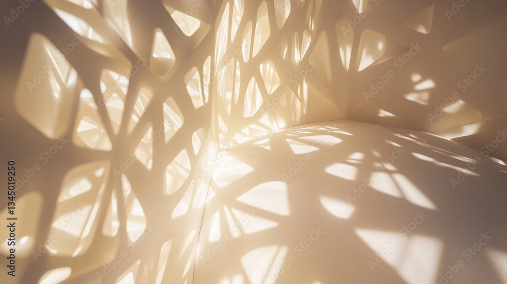 Poster intricate light patterns cast through a modern architectural structure, creating a serene ambiance