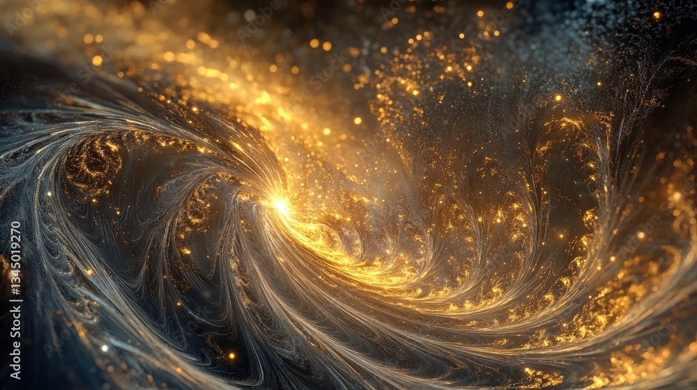 Poster abstract swirling cosmic background with shimmering gold particles and luminous textures creating dy