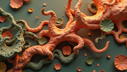 Obraz premium Abstract, organic forms in shades of orange and gray intertwine amidst scattered circular shapes on a dark surface. Graphical resource for design and downstream advertisement purposes