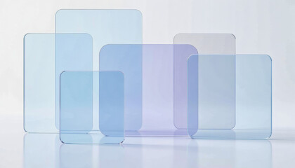 Several translucent blue-tinted glass panes of varying sizes overlap and reflect light against a glossy white surface. Graphical resource for design and downstream advertisement purposes