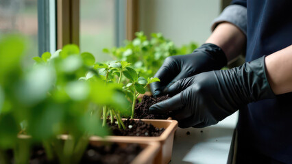 Female hands, close-up planting seedlings in pots on the windowsill.