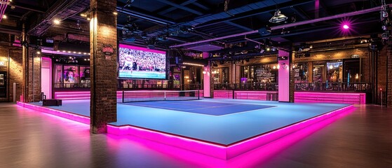 An Indoor Entertainment Venue Features A Tennis Court For Play