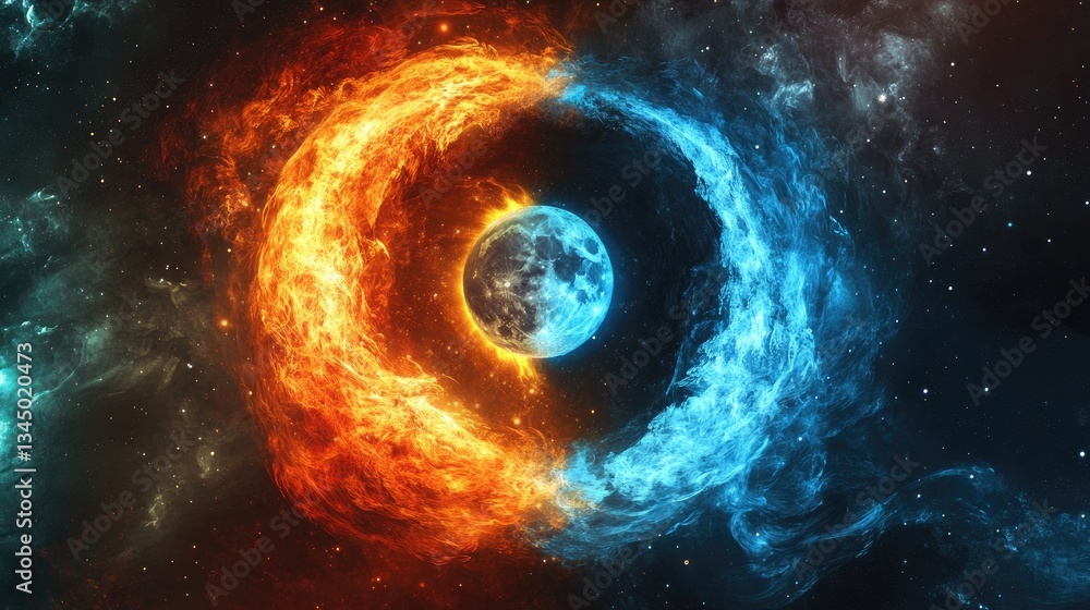 Poster celestial explosion of fire and ice surrounding a moon in a cosmic universe with colorful nebulae an
