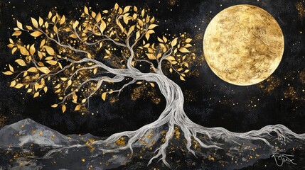 Ethereal Golden Tree Against a Moonlit Night Sky with Glittering Stars and Majestic Landscape