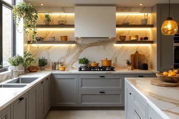Fototapeta premium Modern Gray Kitchen with Gold Accents, Stylish Lighting, and Plants