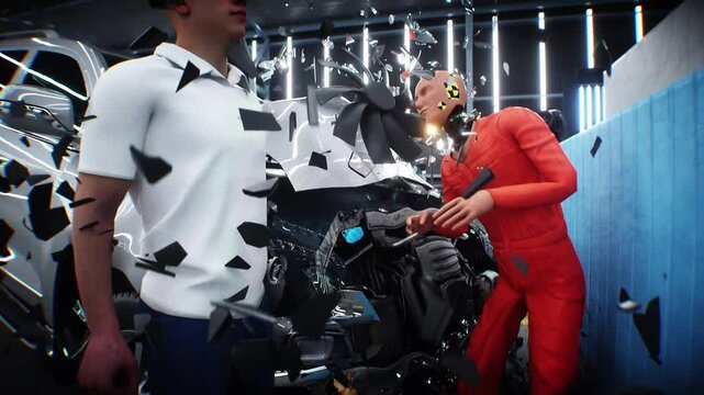 car crash test stop time. safety concept. People and crash dummy.