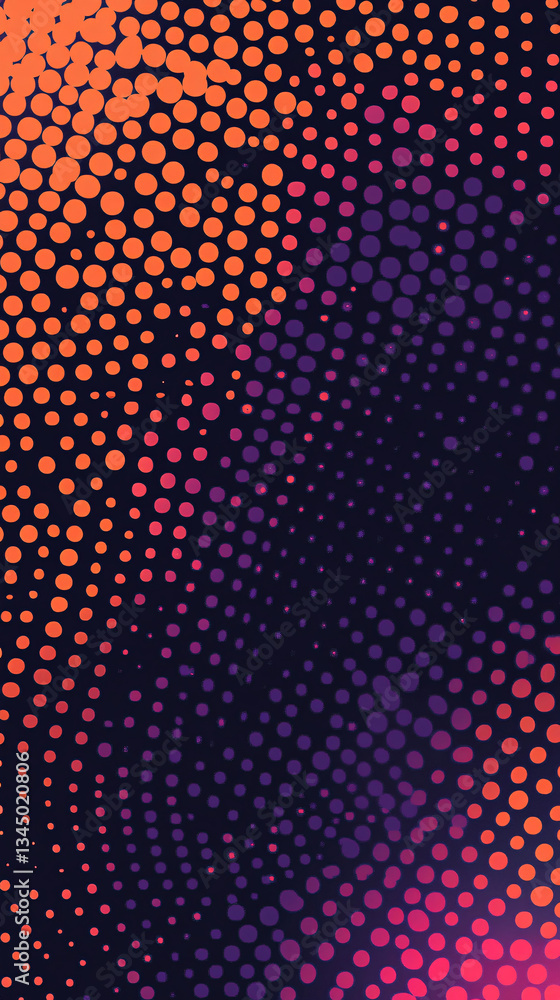 Poster an abstract halftone pattern with orange and purple tones flowing in a warped wave over a dark backg