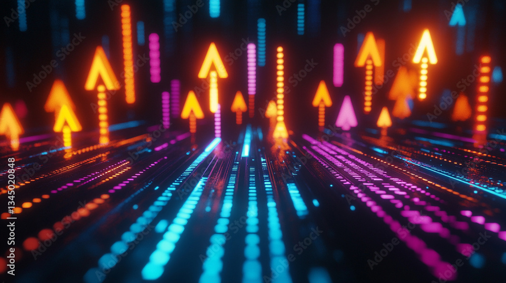Poster vibrant abstract digital background with glowing arrows and lines representing growth and progress