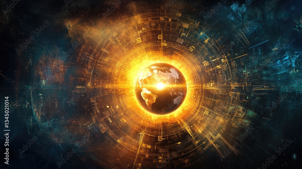 Poster dynamic planet earth surrounded by glowing energy and cosmic patterns in a futuristic digital enviro