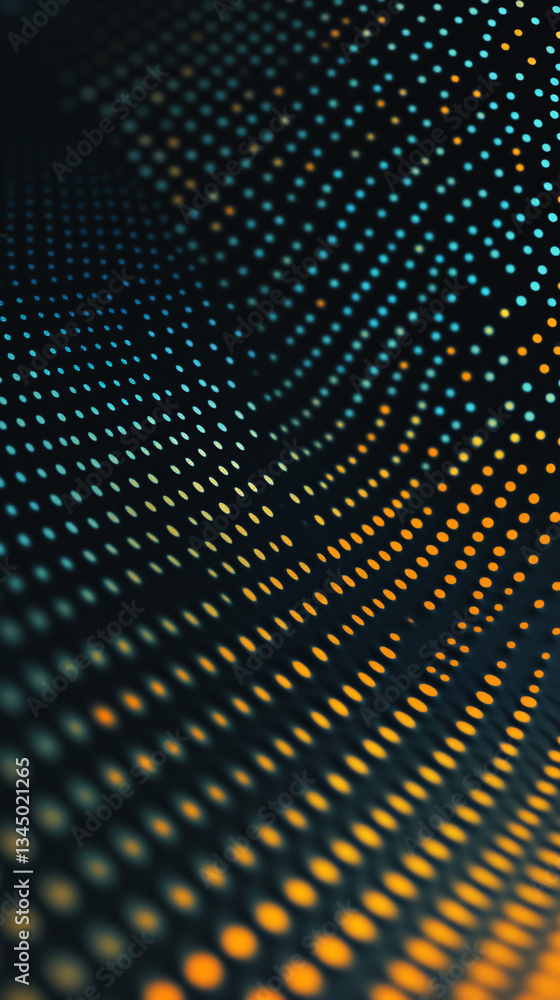 Poster a futuristic abstract wave of glowing dots creates depth and motion over a dark digital background